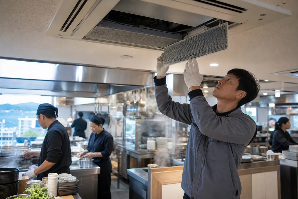 여수 식당 주방 인접 시스템에어컨 기름 청소 후기형 기록